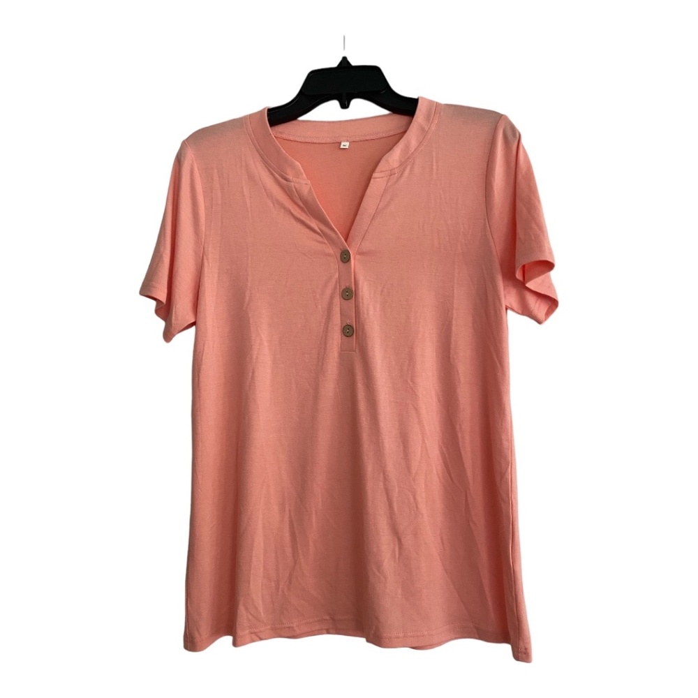 NWOT Amazon V-Neck Button Front Short Sleeve Coral Peach Size Medium Ptp 21"
